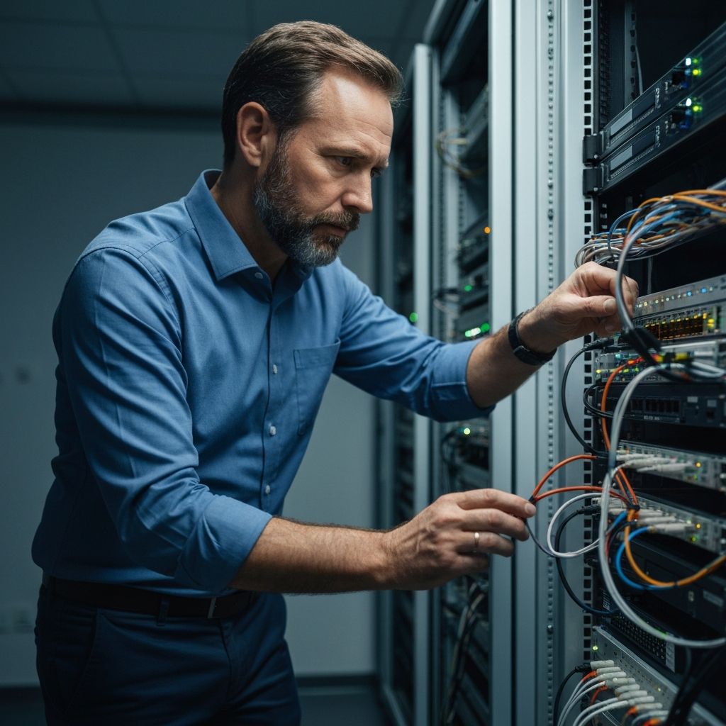 Profissional de rede trabalhando em servidores